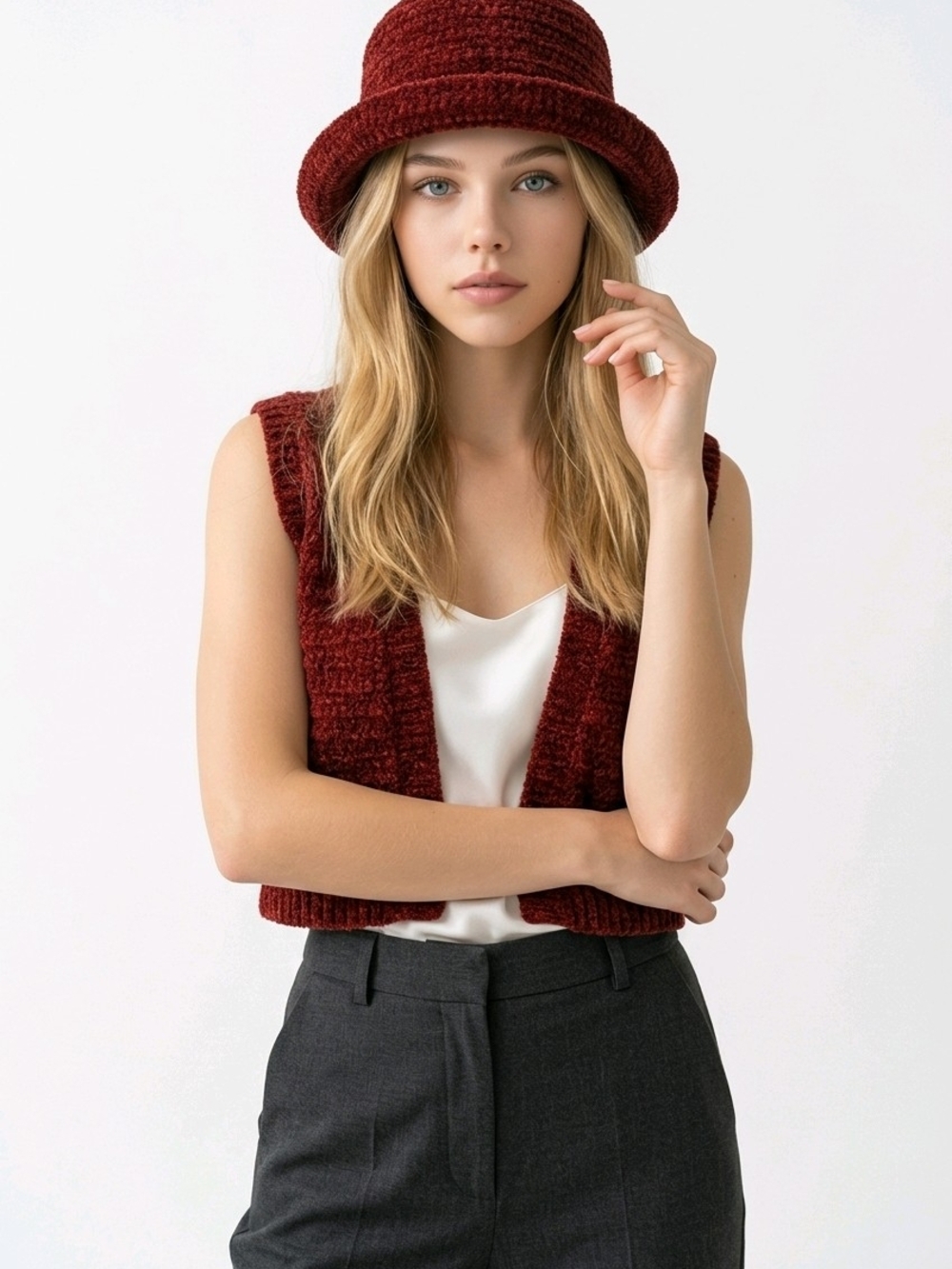 Women's Burgundy Chenille Textured Bucket Cloche Hat One Size